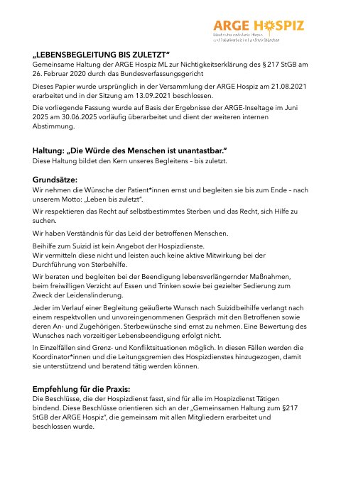 Erste Seite des PDF: Haltung der ARGE Hospiz zu § 217 StGB